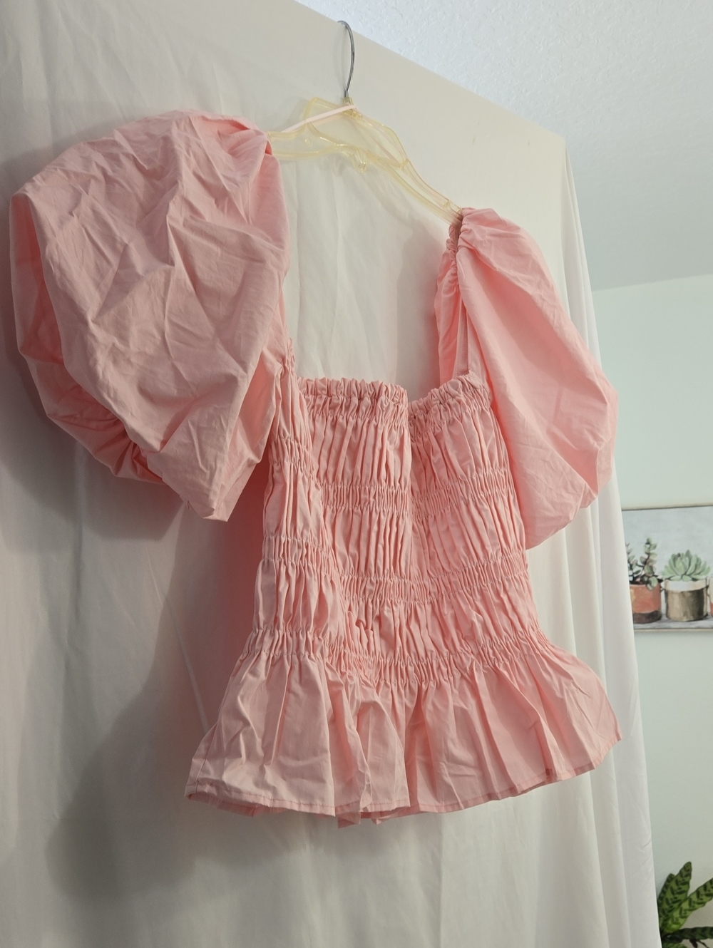 Astr Pink Smocked Peplum Puff-Sleeve Blouse